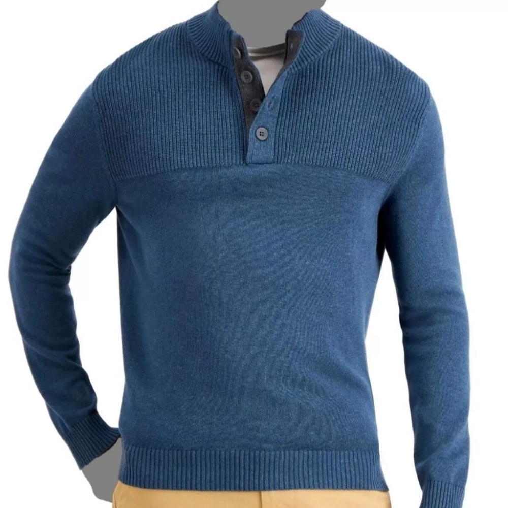 Club Room Men's Ribbed Four-Button Sweater,  Blue Wing Hthr, Size XL NWT